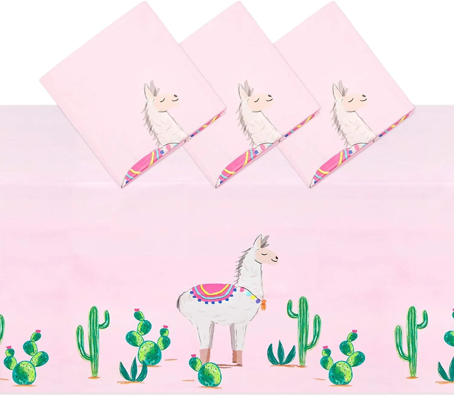 Pink Plastic Tablecloth for Llama Birthday Party (54 x 108 in, 3 Pack)