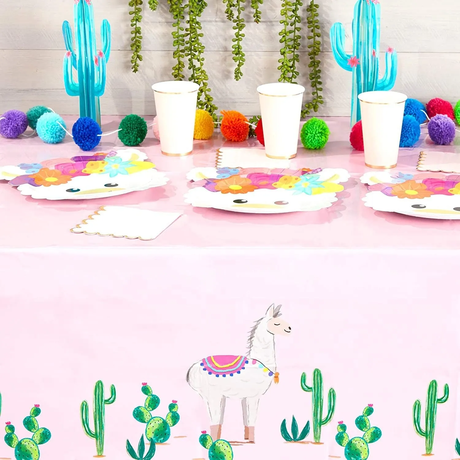 Pink Plastic Tablecloth for Llama Birthday Party (54 x 108 in, 3 Pack)