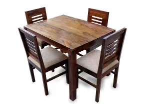RSFURNITURE Solid Sheesham Wood Square Dining Table 4 Seater | Four Seater Dinning Table with 4 Cushioned Chairs for Home | Natural Brown Finish