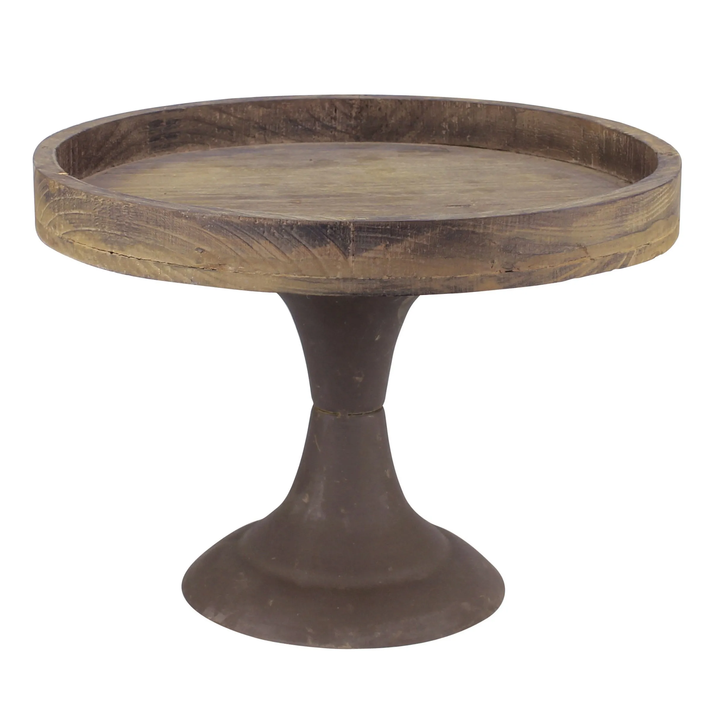 Rustic Worn Natural Wood and Metal Pedestal Tray - (WS)
