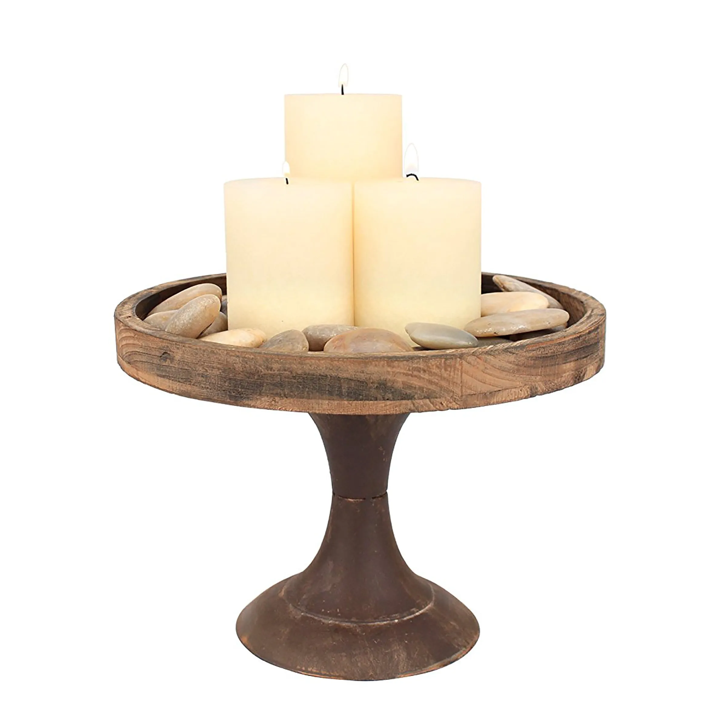 Rustic Worn Natural Wood and Metal Pedestal Tray - (WS)