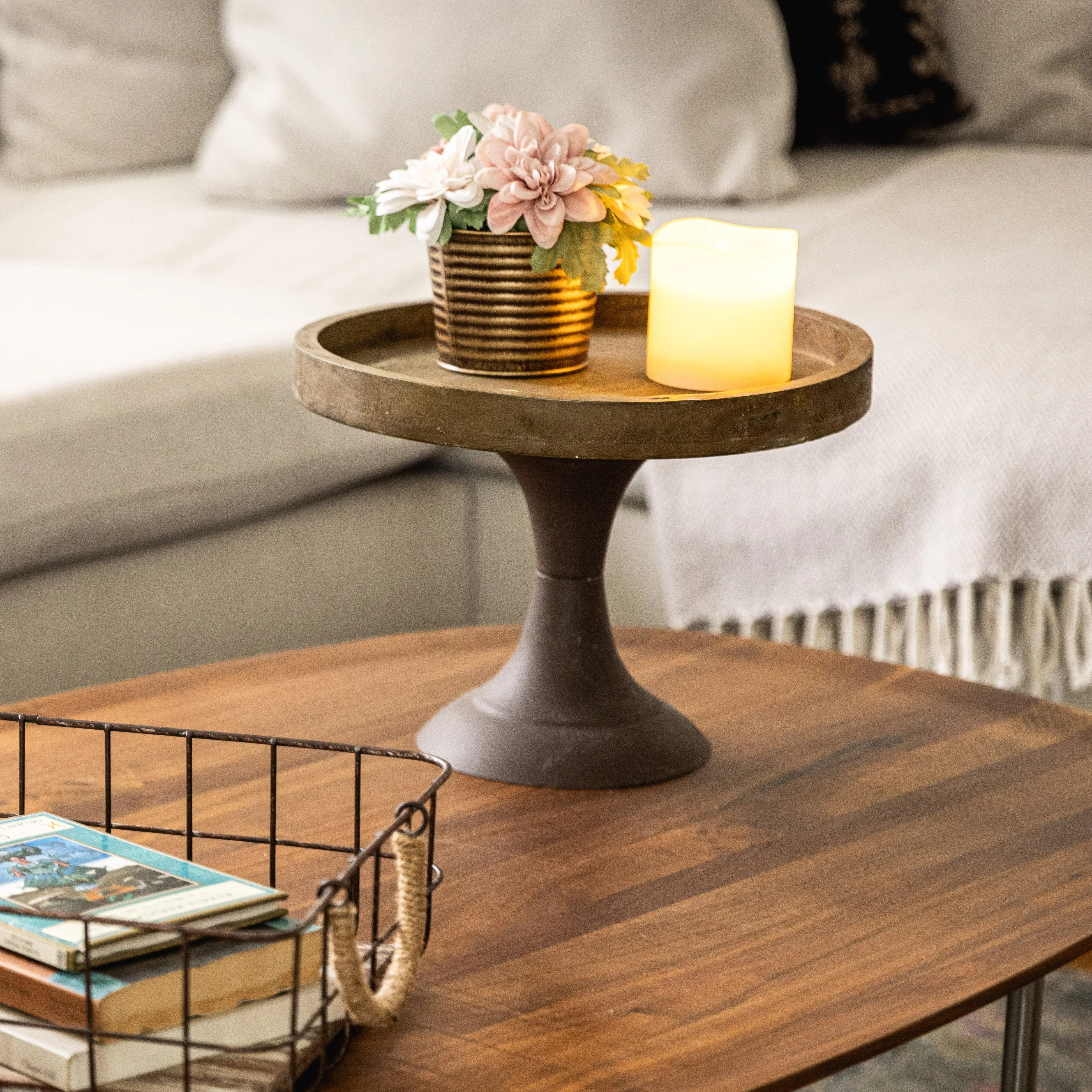 Rustic Worn Natural Wood and Metal Pedestal Tray - (WS)