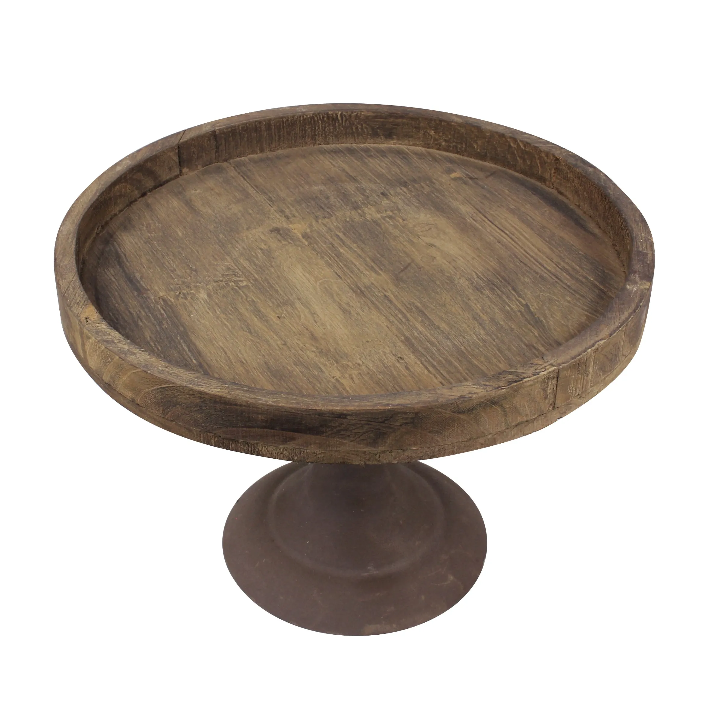 Rustic Worn Natural Wood and Metal Pedestal Tray - (WS)