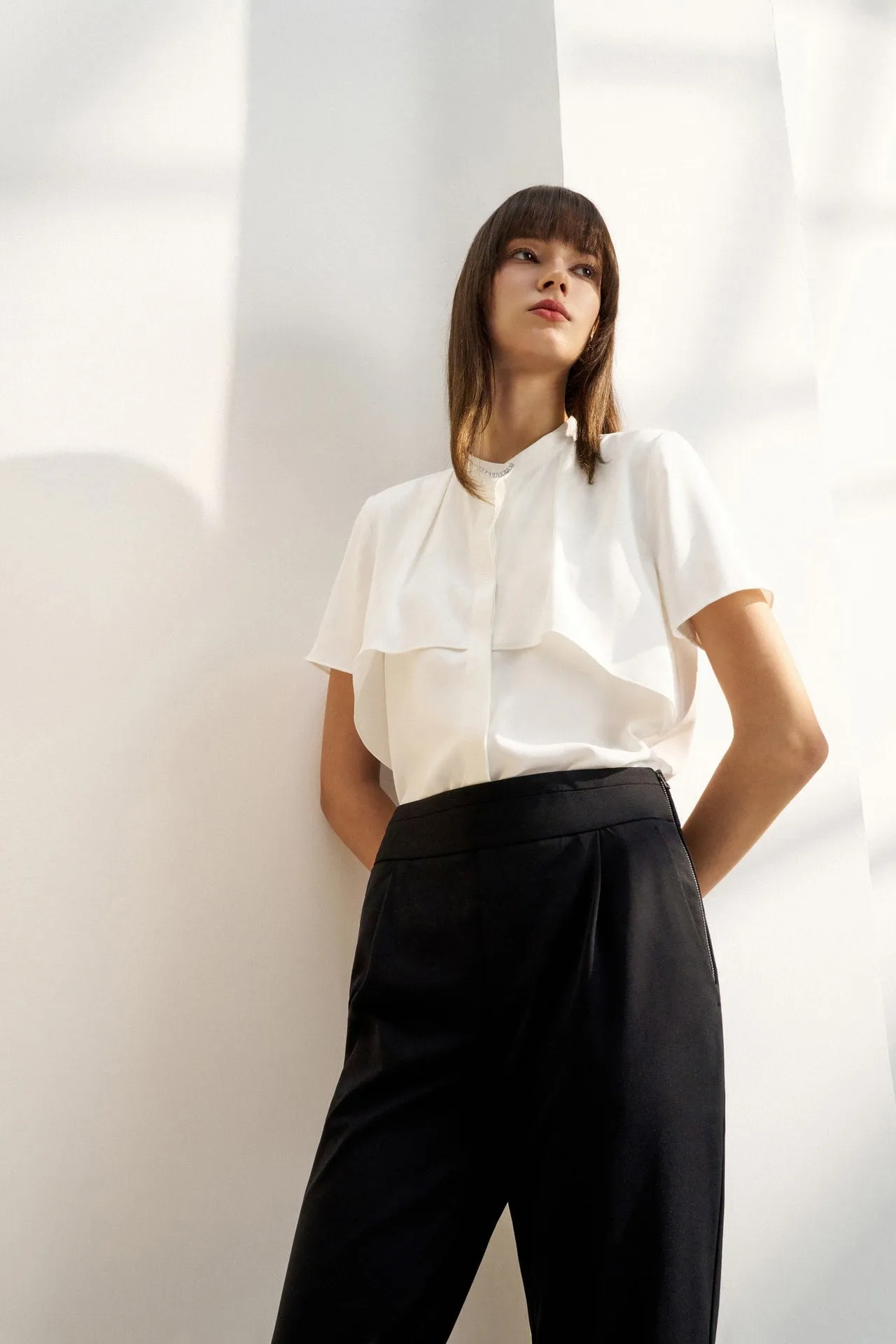 Satin Crepe Stand Collar Blouse