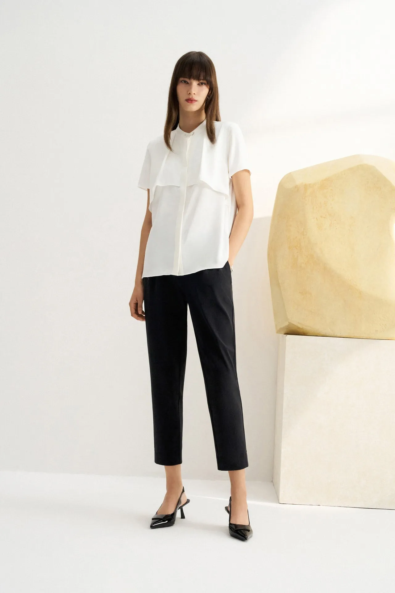 Satin Crepe Stand Collar Blouse