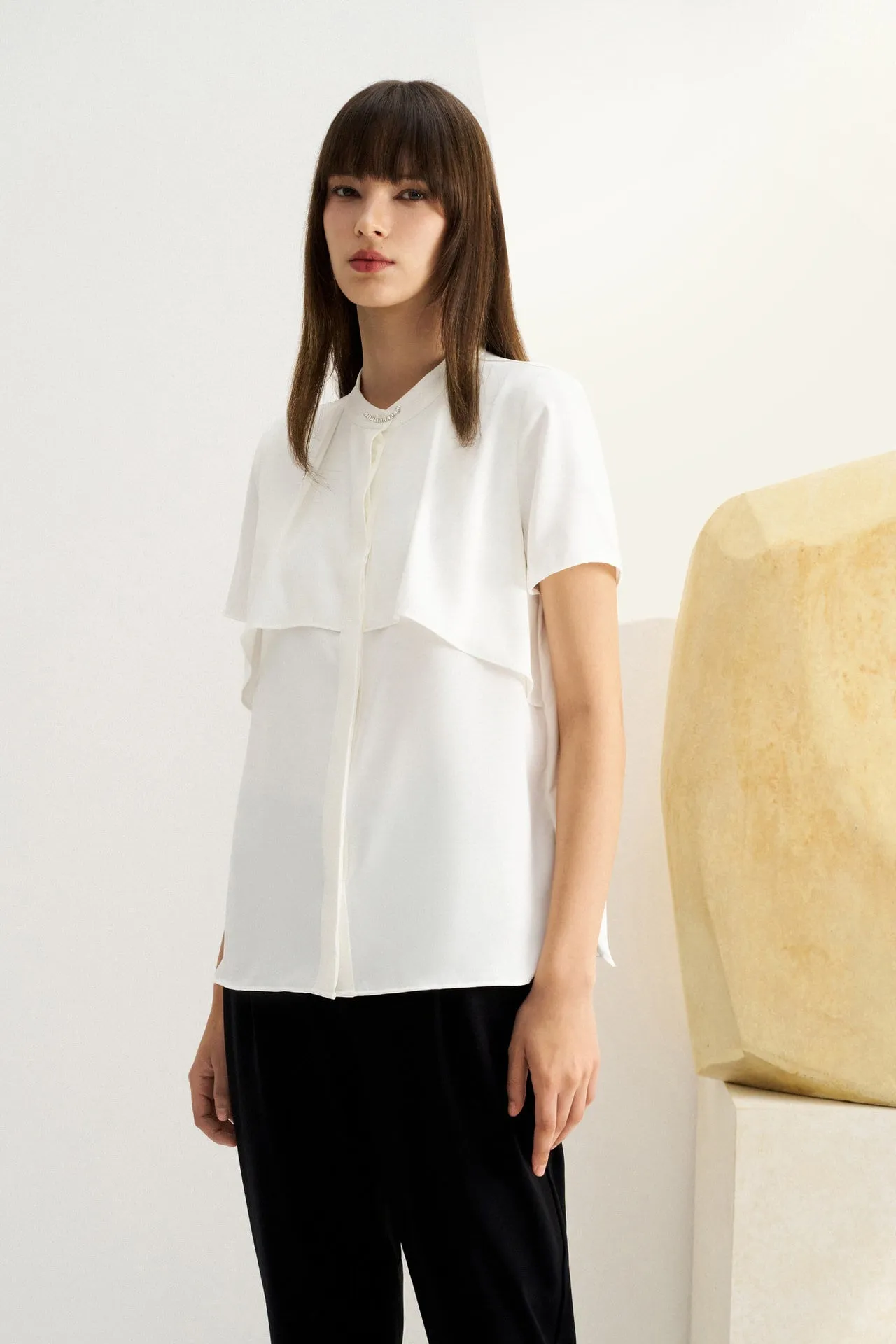 Satin Crepe Stand Collar Blouse