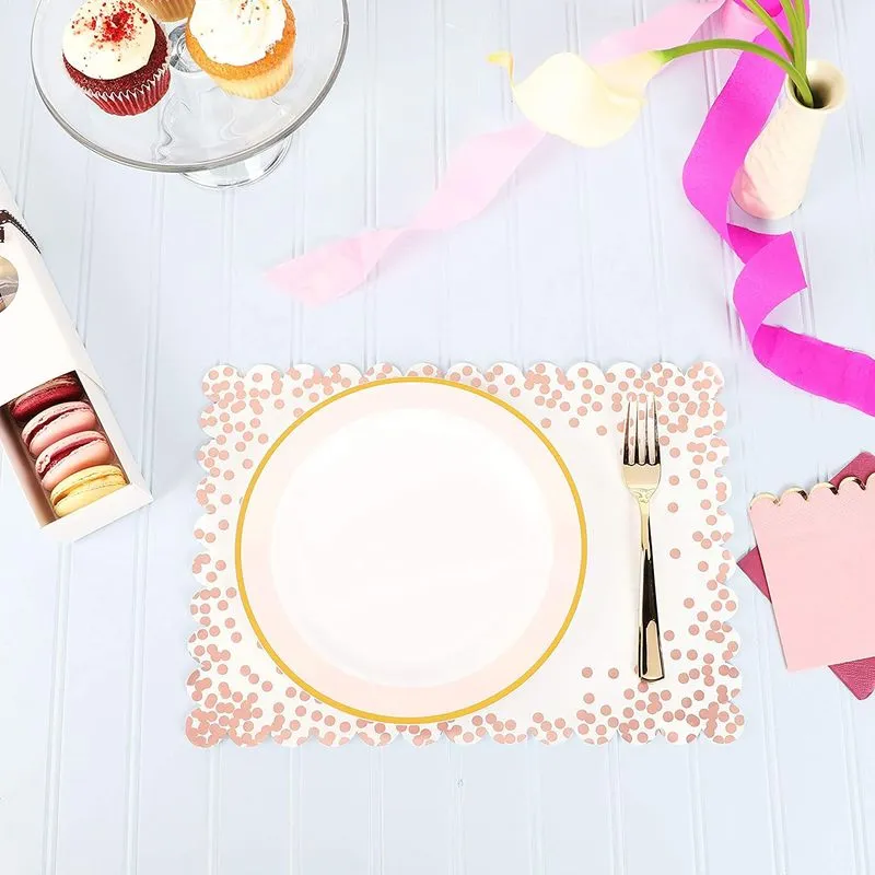 Scalloped Paper Placemats with Rose Gold Foil Polka Dots (14 x 10 in, 50 Pack)