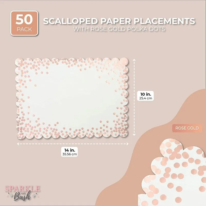 Scalloped Paper Placemats with Rose Gold Foil Polka Dots (14 x 10 in, 50 Pack)
