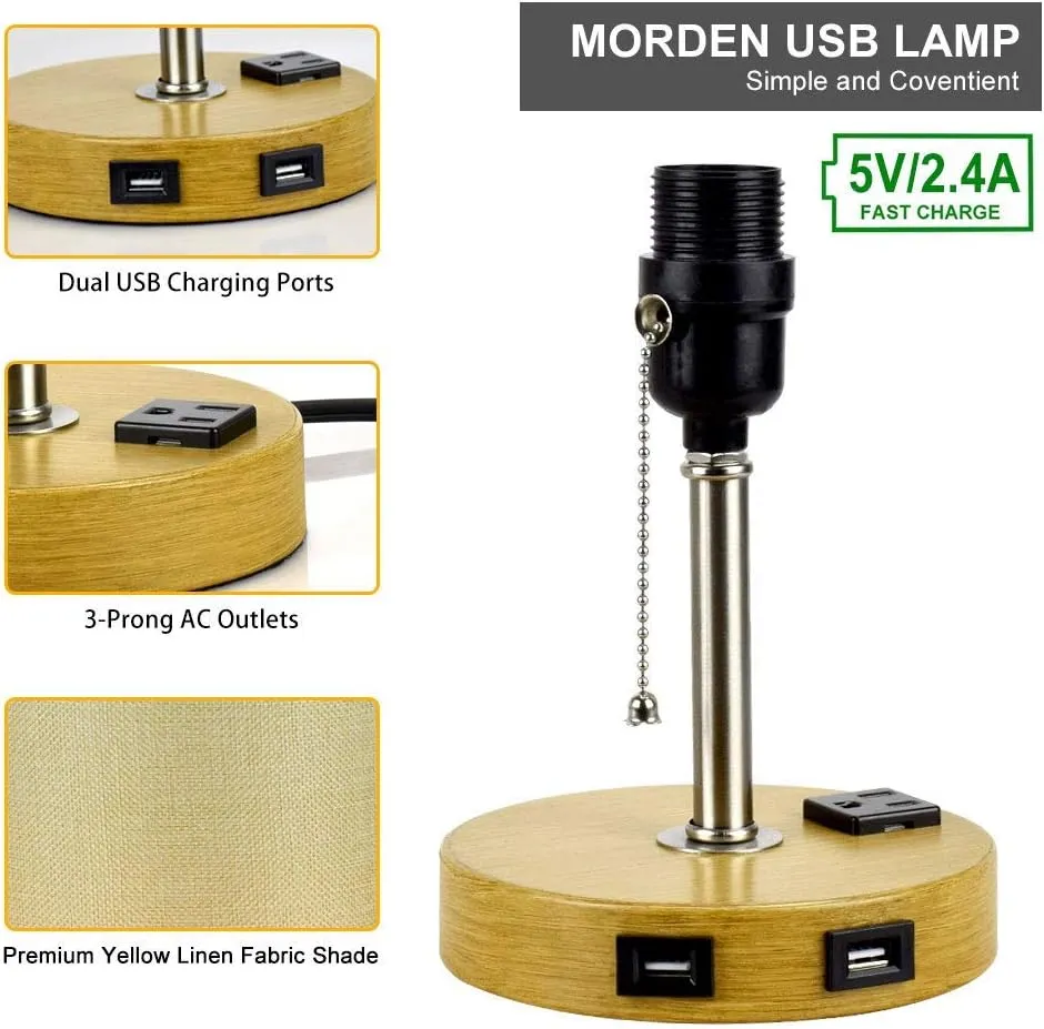Set of 2 Modern Nightstand Table Lamp with Dual USB Charging Ports and 1 AC Outlets