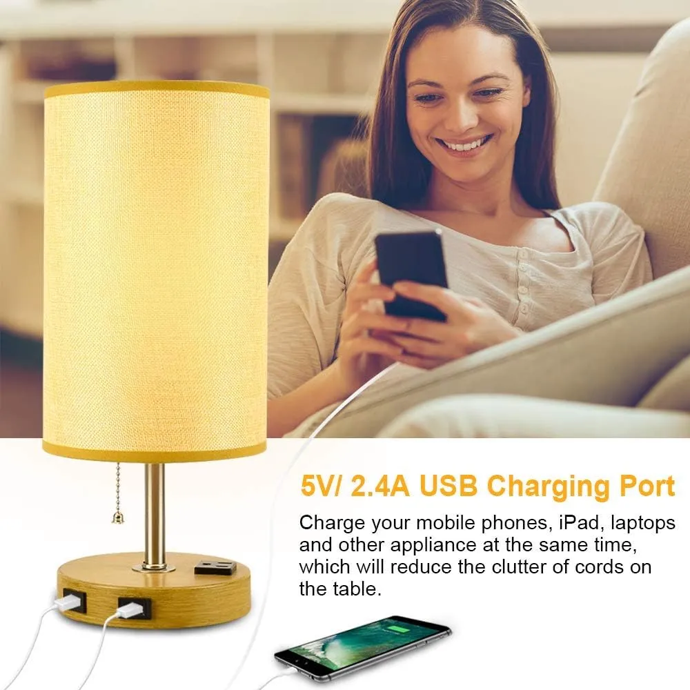 Set of 2 Modern Nightstand Table Lamp with Dual USB Charging Ports and 1 AC Outlets