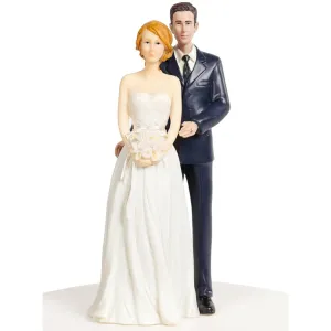 Stylish Contemporary Wedding Cake Topper - Bride and Groom in Navy Suit