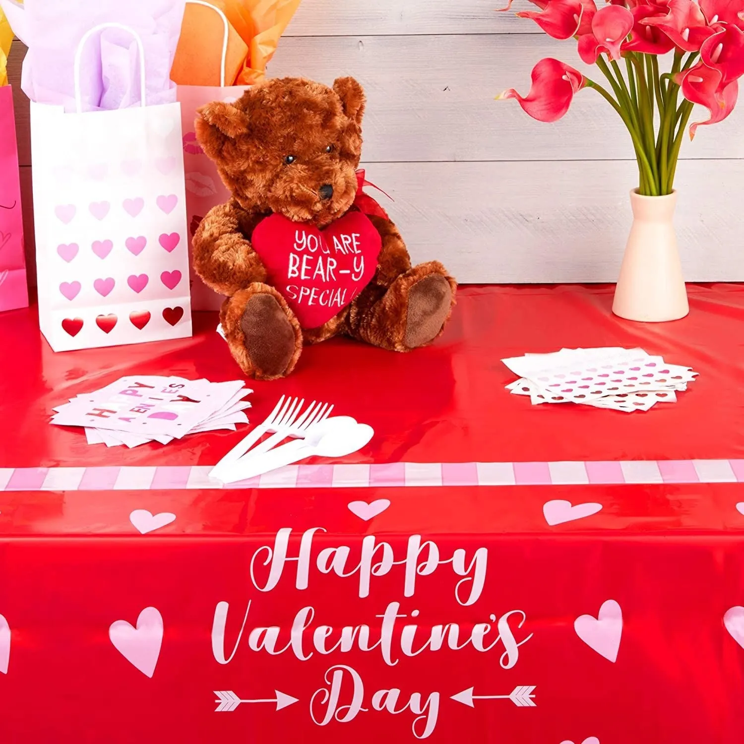 Tablecloth with White Hearts, Plastic Table Cover for Valentine (54 x 108 in, 3 Pack)