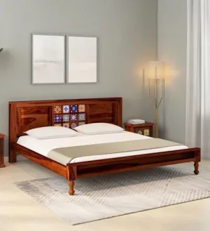Tannu Handicraft Sheesham Wood Tile Bed, 189x213 CM Inner Size, 89 CM Height, Upholstered Cushion Headboard and Footboard, Natural Matte Finish, 1 Year Warranty