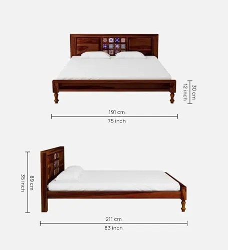 Tannu Handicraft Sheesham Wood Tile Bed, 189x213 CM Inner Size, 89 CM Height, Upholstered Cushion Headboard and Footboard, Natural Matte Finish, 1 Year Warranty