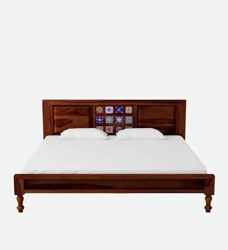Tannu Handicraft Sheesham Wood Tile Bed, 189x213 CM Inner Size, 89 CM Height, Upholstered Cushion Headboard and Footboard, Natural Matte Finish, 1 Year Warranty