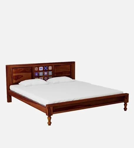 Tannu Handicraft Sheesham Wood Tile Bed, 189x213 CM Inner Size, 89 CM Height, Upholstered Cushion Headboard and Footboard, Natural Matte Finish, 1 Year Warranty