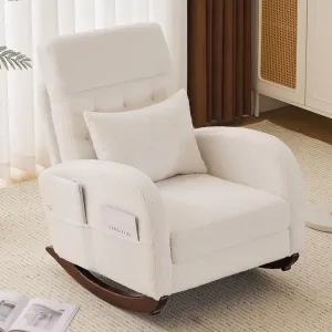 Teddy Fleece Low Seat Rocking Chair with Blanket & Lumber Pillow, Nursery Glider Chair with Side Pockets