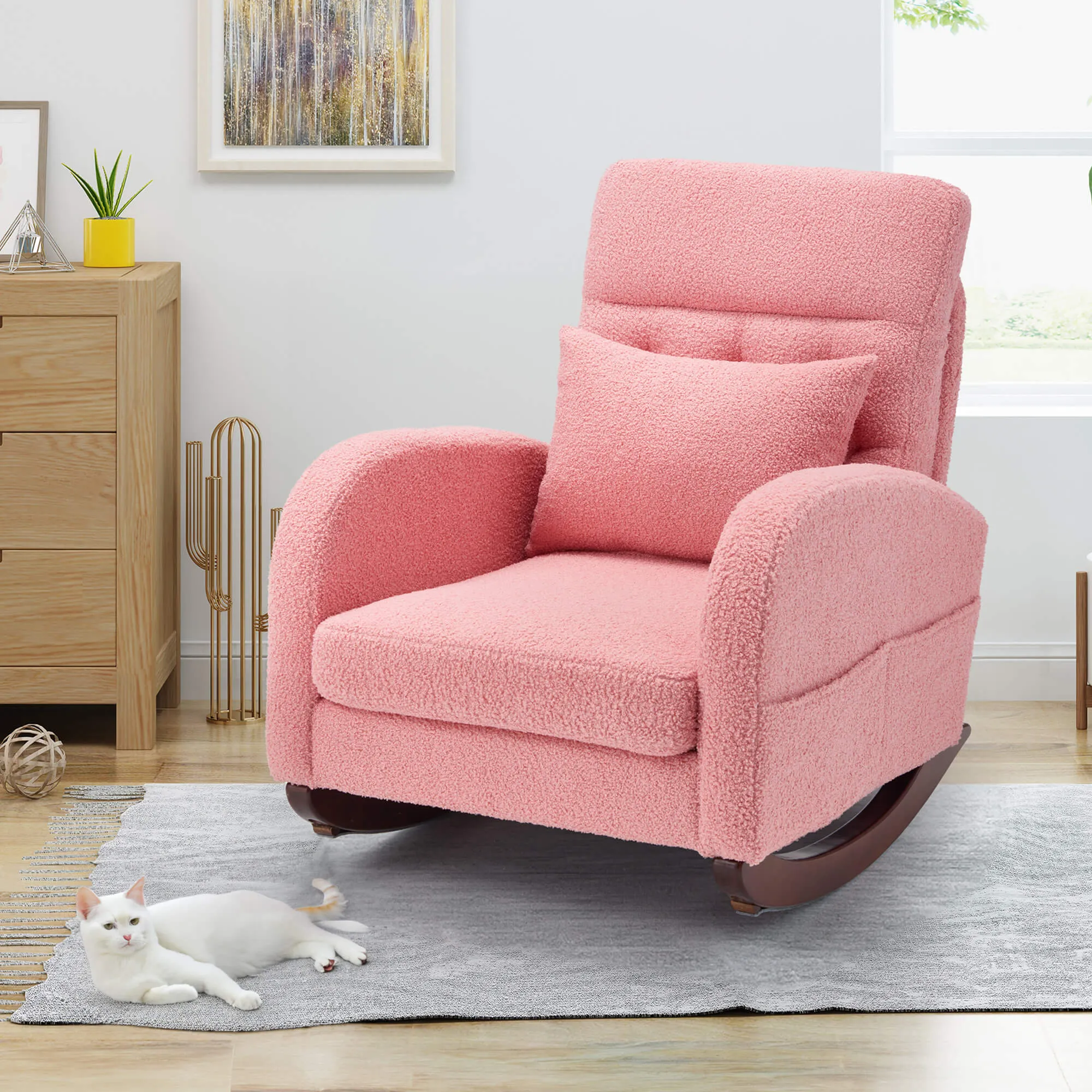 Teddy Fleece Low Seat Rocking Chair with Blanket & Lumber Pillow, Nursery Glider Chair with Side Pockets