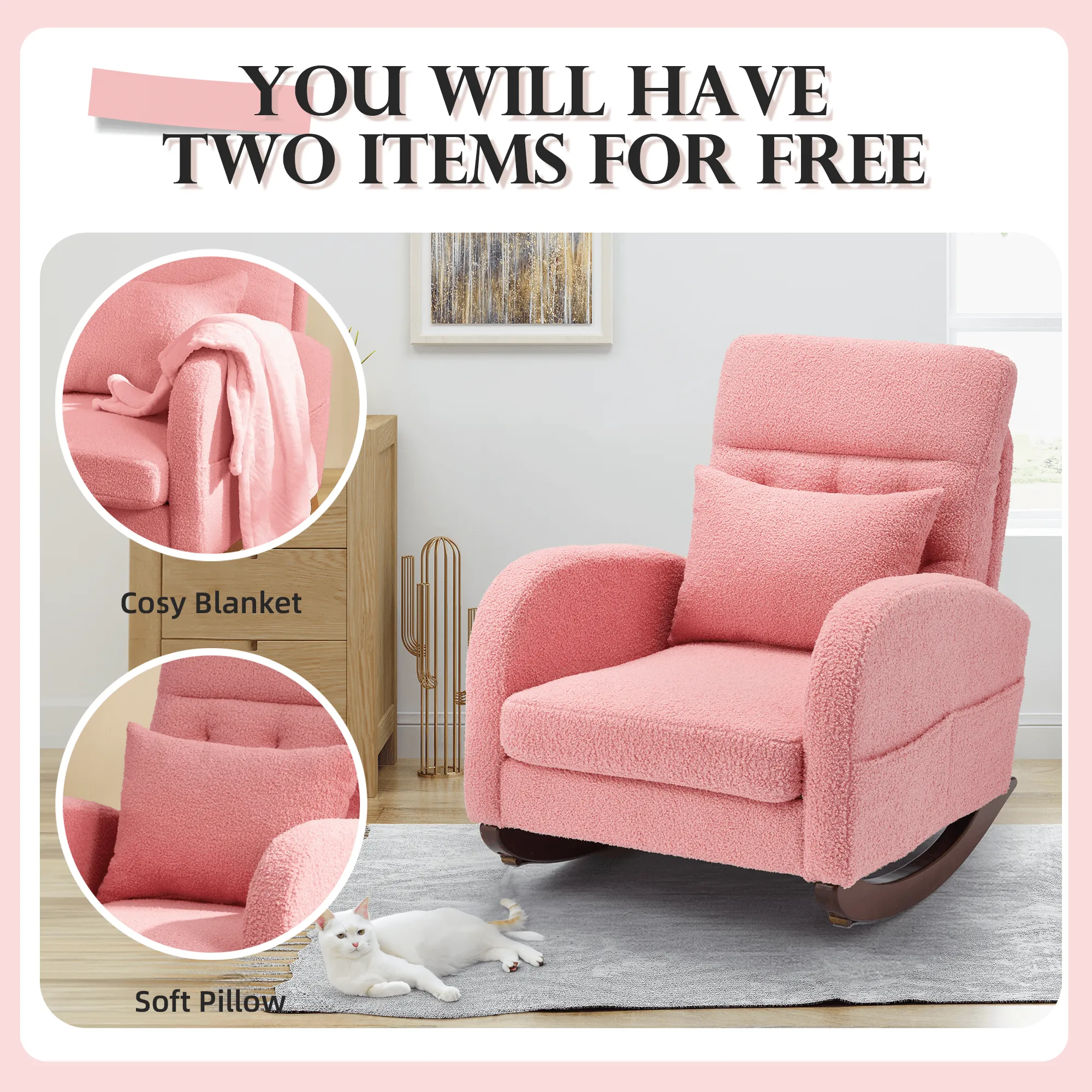 Teddy Fleece Low Seat Rocking Chair with Blanket & Lumber Pillow, Nursery Glider Chair with Side Pockets