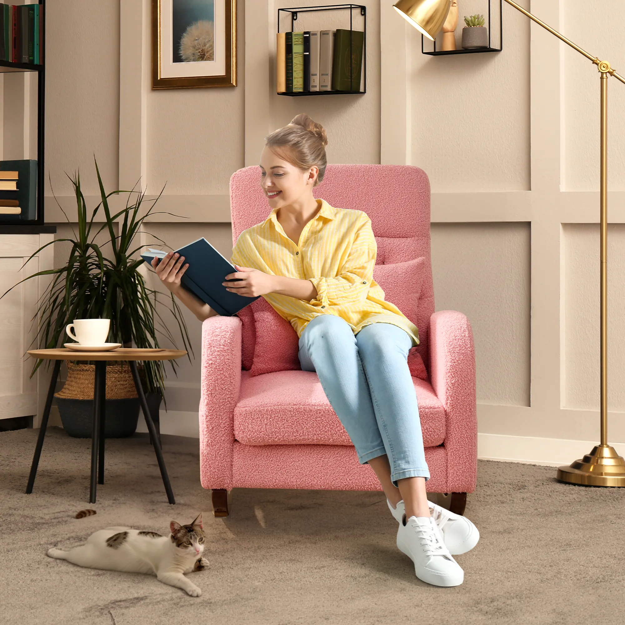 Teddy Fleece Low Seat Rocking Chair with Blanket & Lumber Pillow, Nursery Glider Chair with Side Pockets