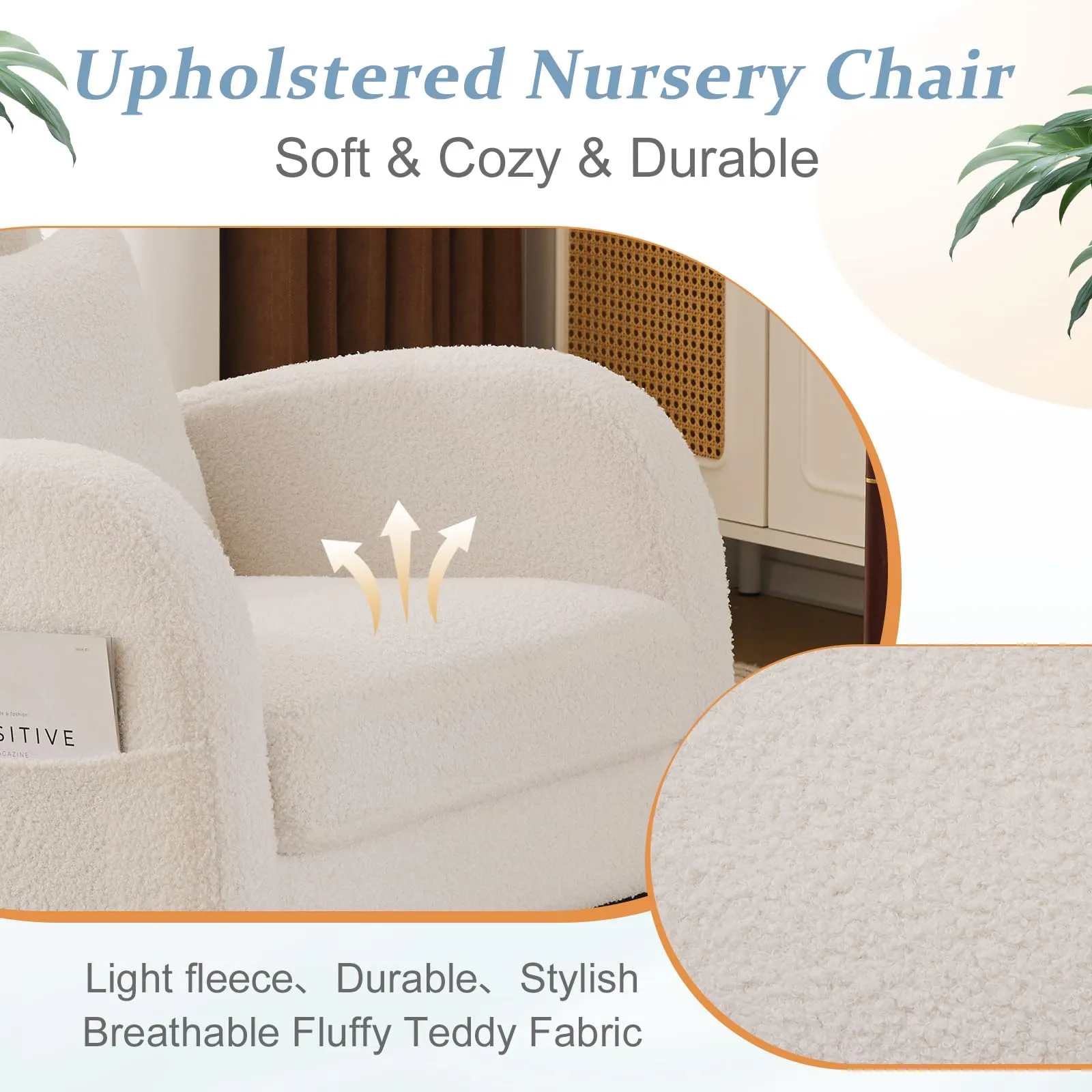 Teddy Fleece Low Seat Rocking Chair with Blanket & Lumber Pillow, Nursery Glider Chair with Side Pockets