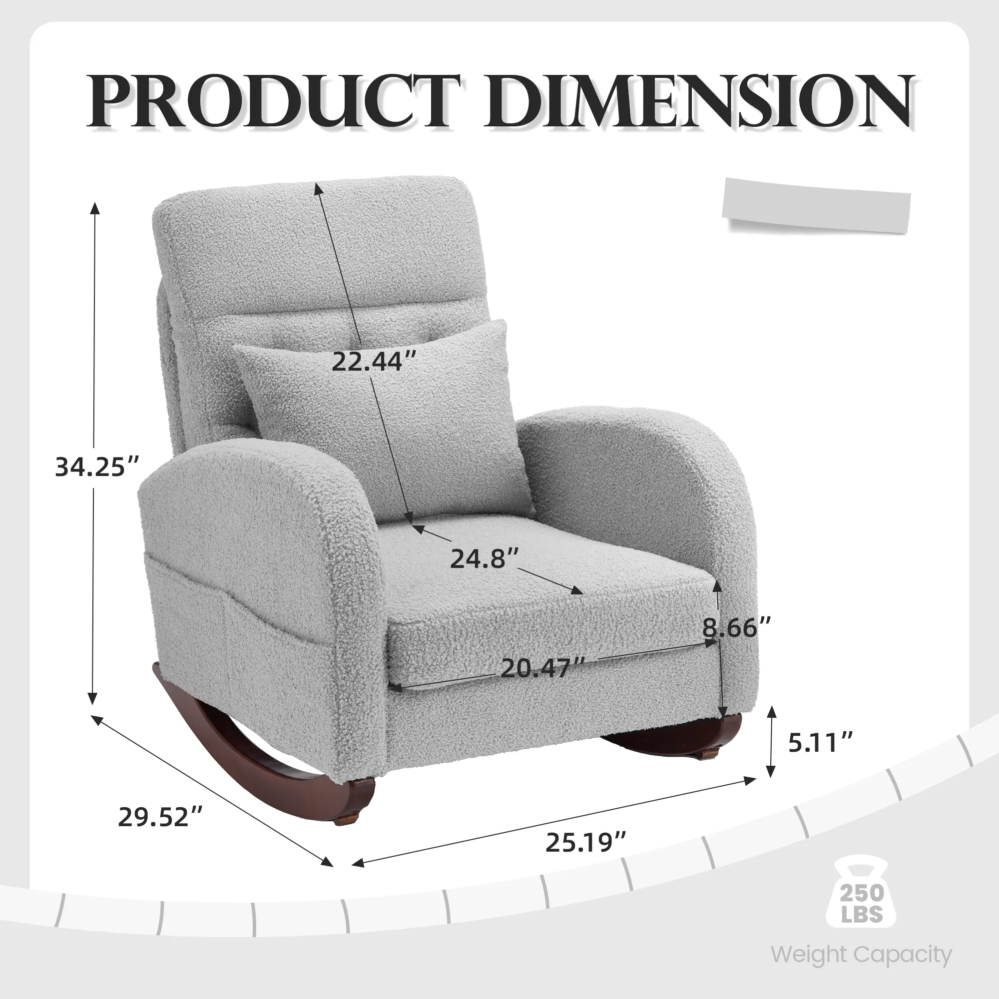Teddy Fleece Low Seat Rocking Chair with Blanket & Lumber Pillow, Nursery Glider Chair with Side Pockets