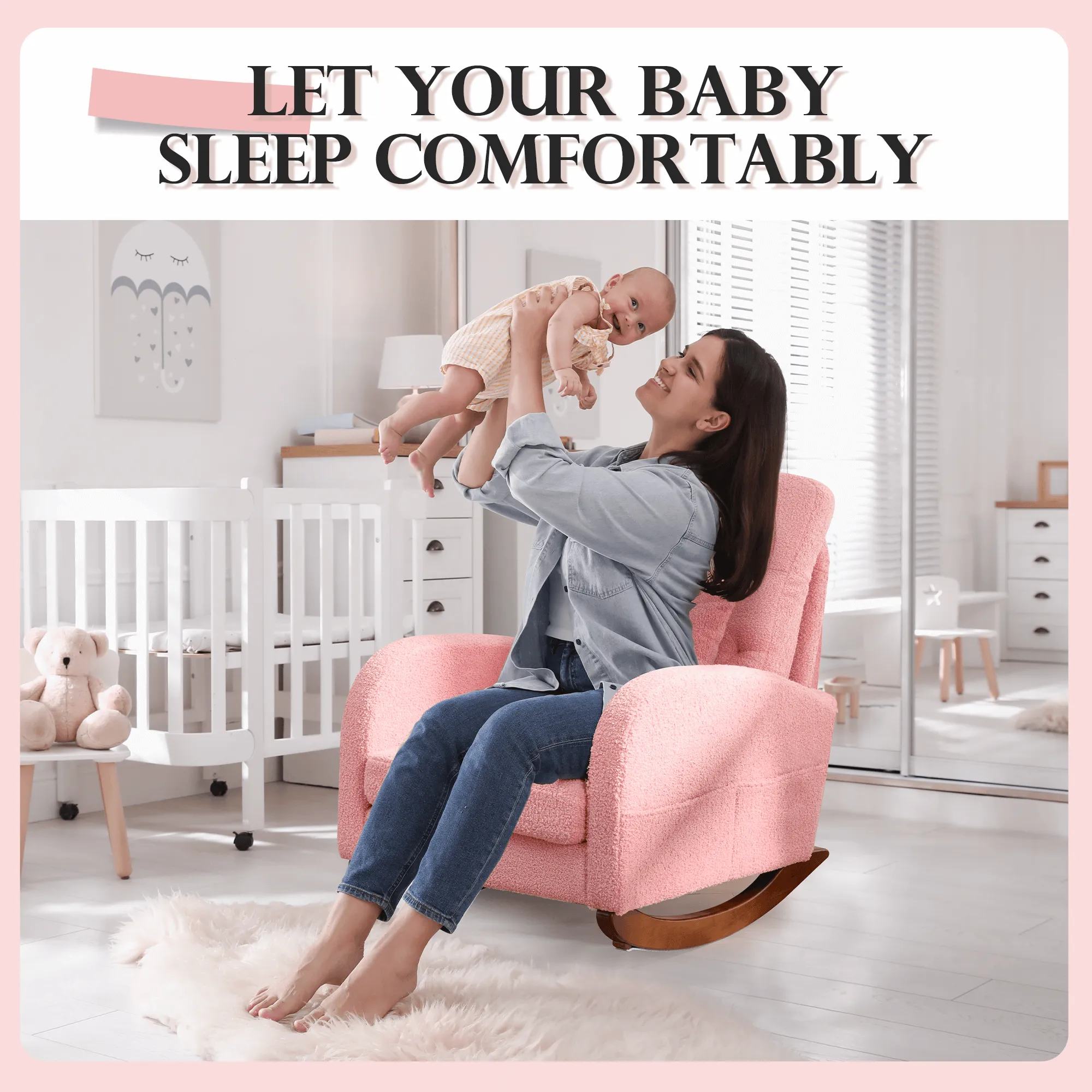 Teddy Fleece Low Seat Rocking Chair with Blanket & Lumber Pillow, Nursery Glider Chair with Side Pockets