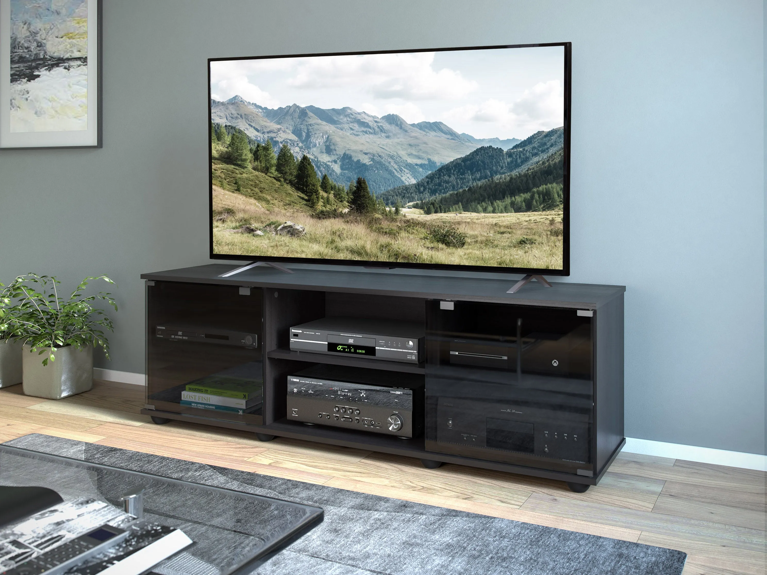 TV Stand with Glass Doors, TVs up to 75"