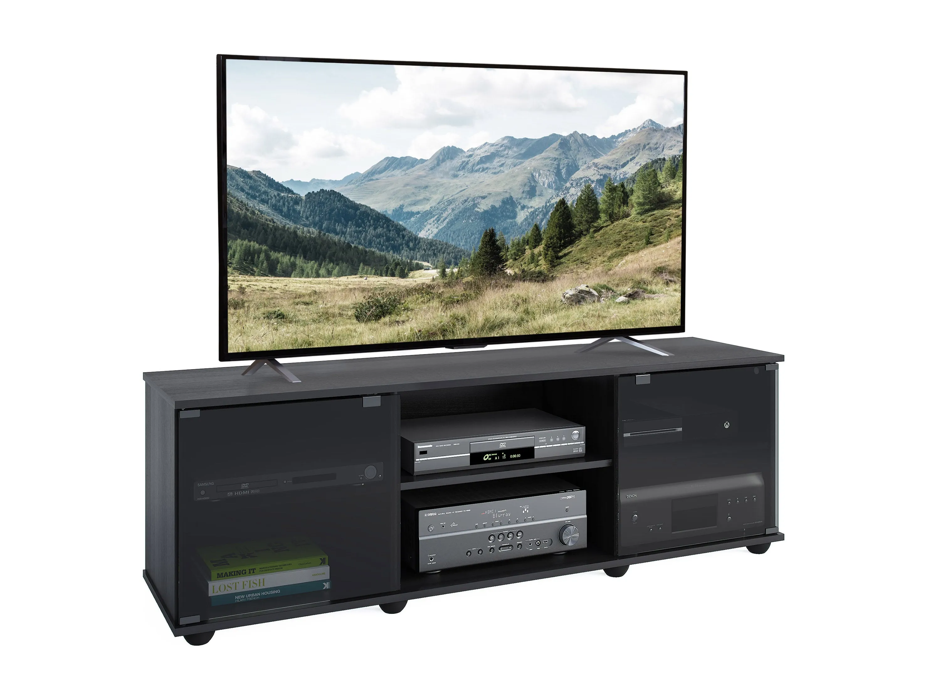 TV Stand with Glass Doors, TVs up to 75"