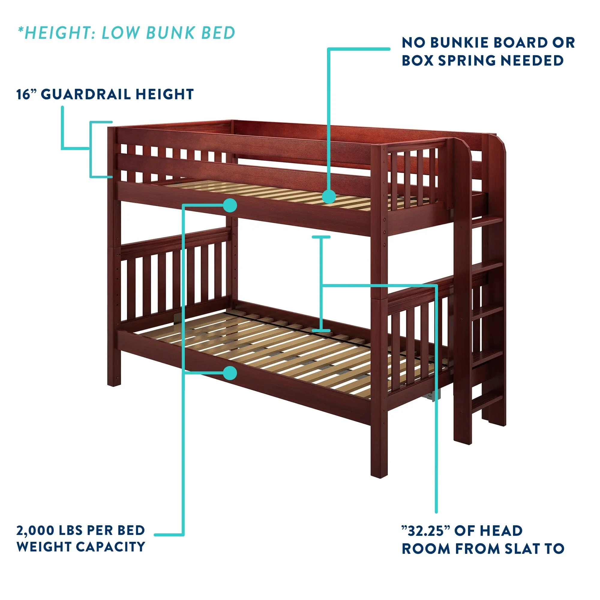 Twin XL Low Bunk Bed with Ladder