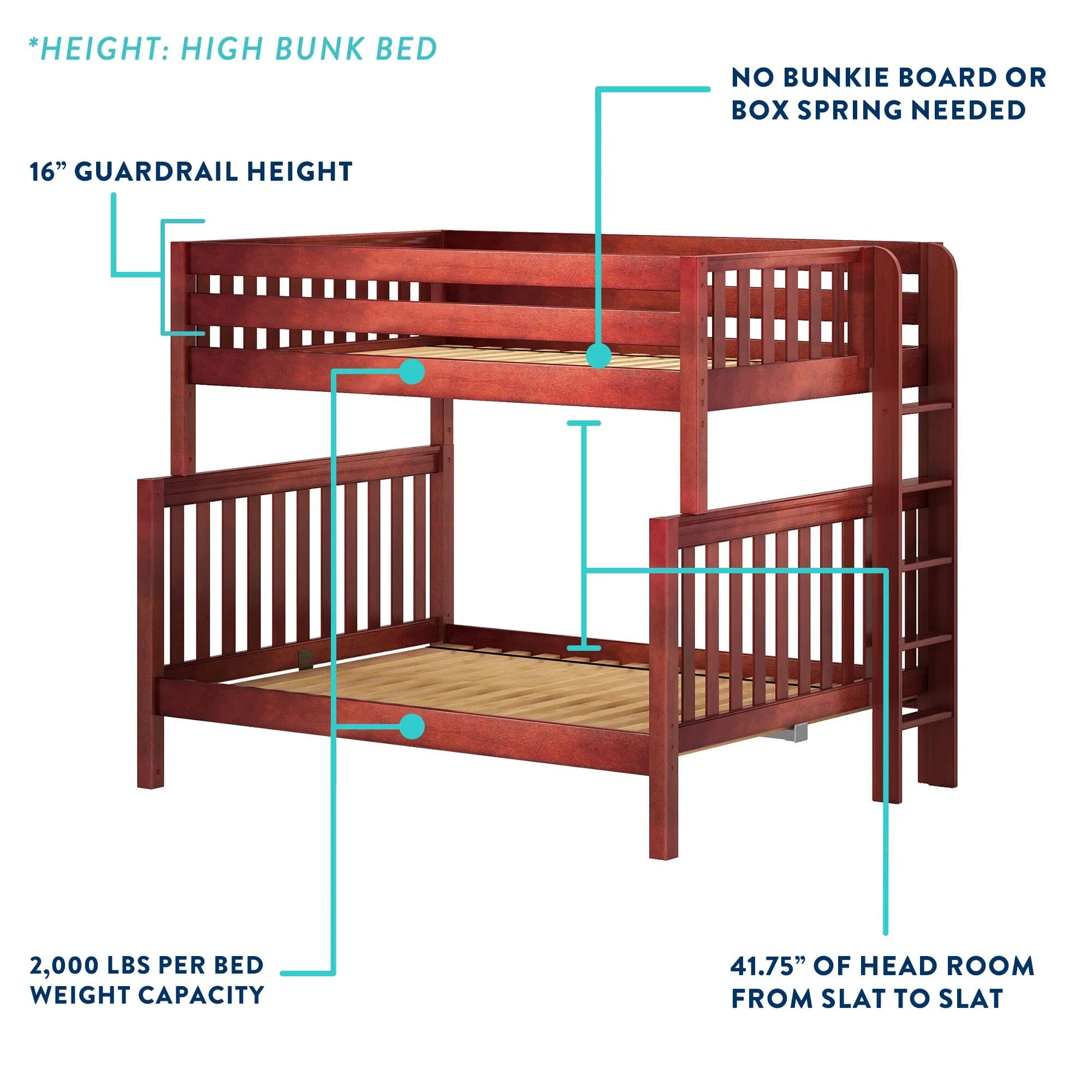 Twin XL over Queen High Bunk Bed with Angled Ladder