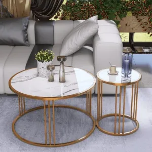 Welltrade Shoppee Marble Finish Large Round Coffee Table Set of 2 Small End Table Glam Modern Sofa Center Table for Living Room, Bedroom Slate Metal Gold Frame (Gold & White)