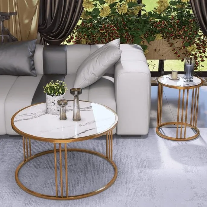 Welltrade Shoppee Marble Finish Large Round Coffee Table Set of 2 Small End Table Glam Modern Sofa Center Table for Living Room, Bedroom Slate Metal Gold Frame (Gold & White)