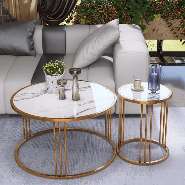 Welltrade Shoppee Marble Finish Large Round Coffee Table Set of 2 Small End Table Glam Modern Sofa Center Table for Living Room, Bedroom Slate Metal Gold Frame (Gold & White)