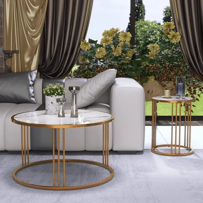 Welltrade Shoppee Marble Finish Large Round Coffee Table Set of 2 Small End Table Glam Modern Sofa Center Table for Living Room, Bedroom Slate Metal Gold Frame (Gold & White)
