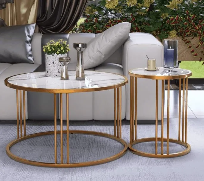 Welltrade Shoppee Marble Finish Large Round Coffee Table Set of 2 Small End Table Glam Modern Sofa Center Table for Living Room, Bedroom Slate Metal Gold Frame (Gold & White)