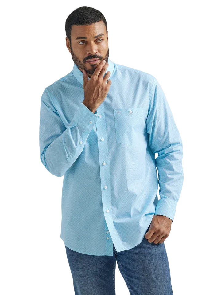 Wrangler Men's Light Blue and White Geo Print Long Sleeve Western Shirt - Big